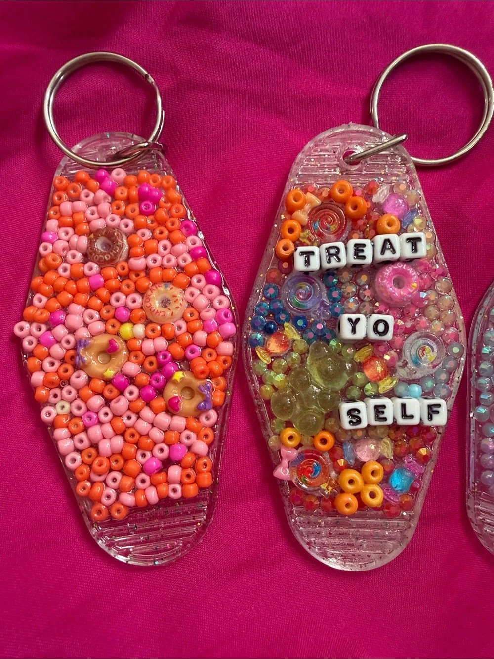 Handmade Pink & Multi Bead Keychain Trio - Treat Yo Self Treats Theme
